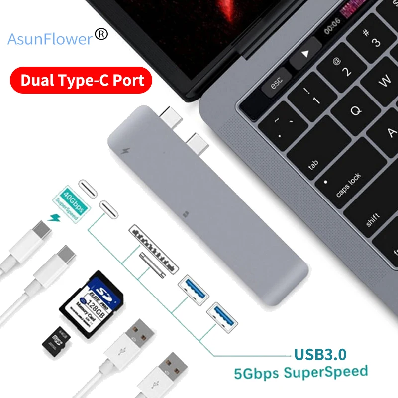 

Dual Ports Type C Hub To USB 3.0 with TF SD Reader Slot Hub Adapter For MacBook Pro/Air 2018 For Computer With Dual Type-C Port