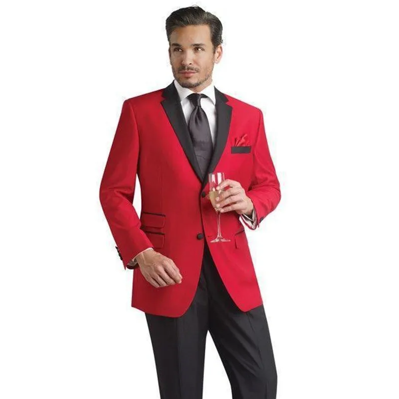 červené svatební obleky pro muže ženicha svatební oblek pánský oblek s černým vroubkovaným klopou frim fit dvě tlačítka ženichové obleky (bunda + kalhoty)