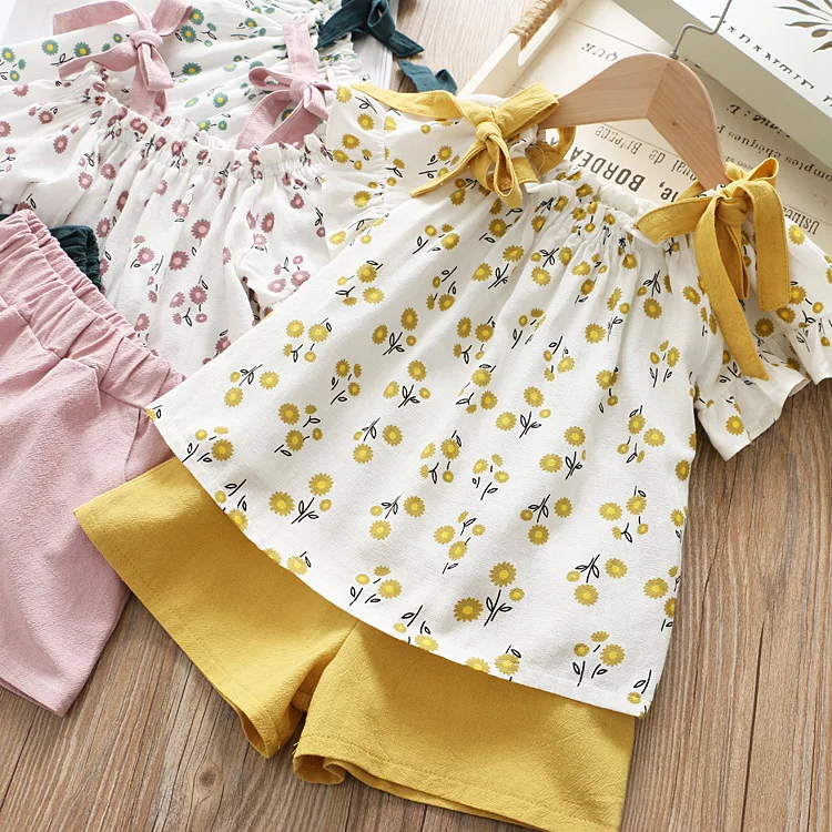 Casual Girls Clothing Sets Summer Kids Clothing Sets Sleeveless Floral T-shirt Shorts Pants 2Pcs Suit Bow Children Girl Suit cute clothing sets	