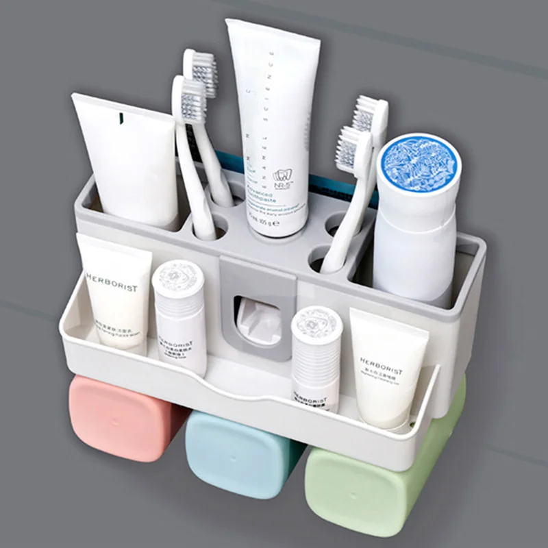 

5 In 1 Creative Toothbrush Holder Bathroom Storage Toothbrushes Cup Rack Automatic Toothpaste Dispenser Makeup Organizer Set