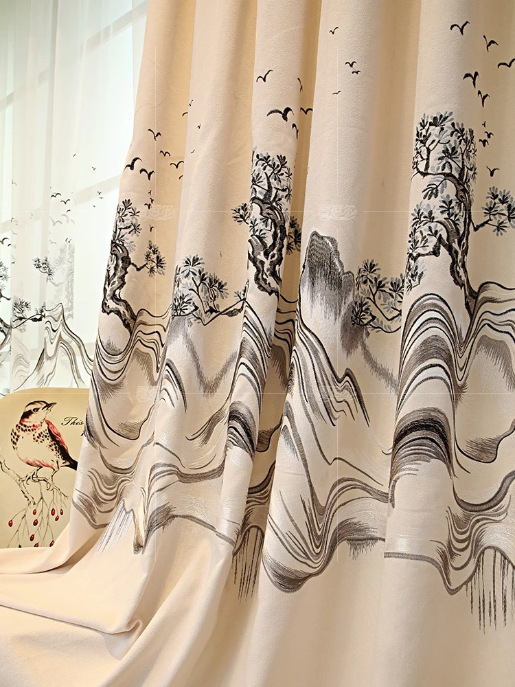 

Custom curtains high quality luxury Chinese beige Chenille printed bedroom cloth blackout curtain tulle valance drape B447