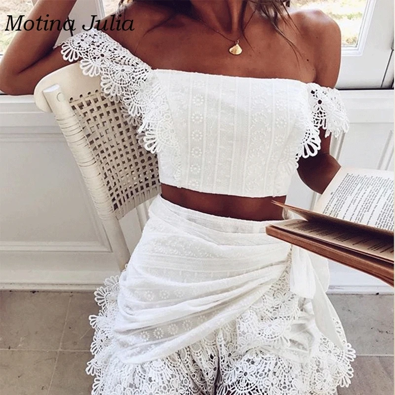 

Motina Julia sexy off shoulder lace crochet blouses shirt women party club cropped tops streetwear female blusas