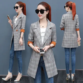 

high quality Woman Autumn Plaid Long Blazer Women double breasted Blazer Long Sleeve Suit Jacket Female Casual Coat