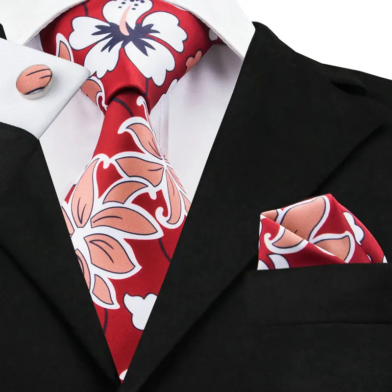 C 1210 Red Print Mens Ties Handkerchief Cufflinks Fashion Design Neck Ties For Men Suits