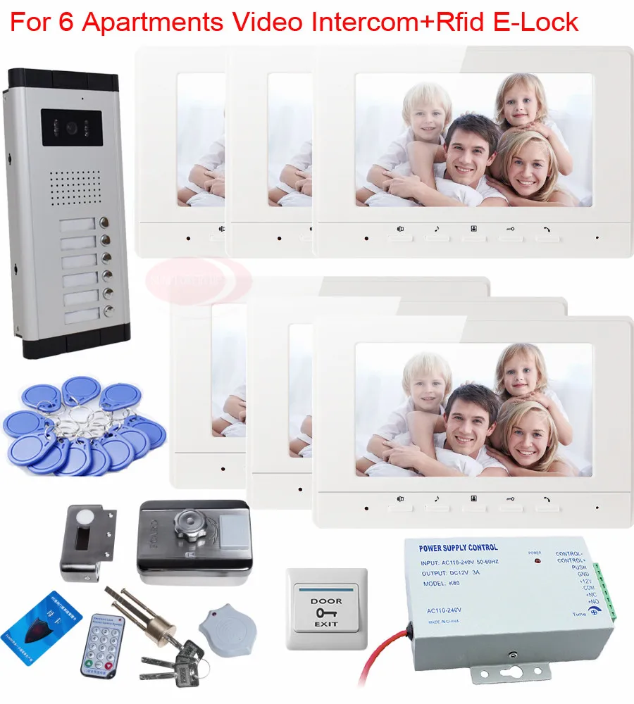 

Video Phone Intercom With Door Rfid Electric Lock Intercom Camera Video Doorbell For 6 Apartments 7inch Color Tft Lcd Monitor