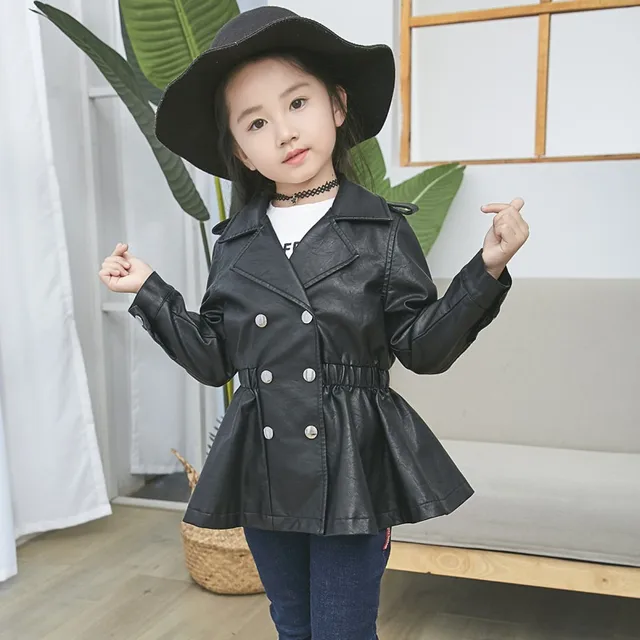 Kids Girls Leather Jacket Coat Plucking Waist PU Leather Long Sleeved