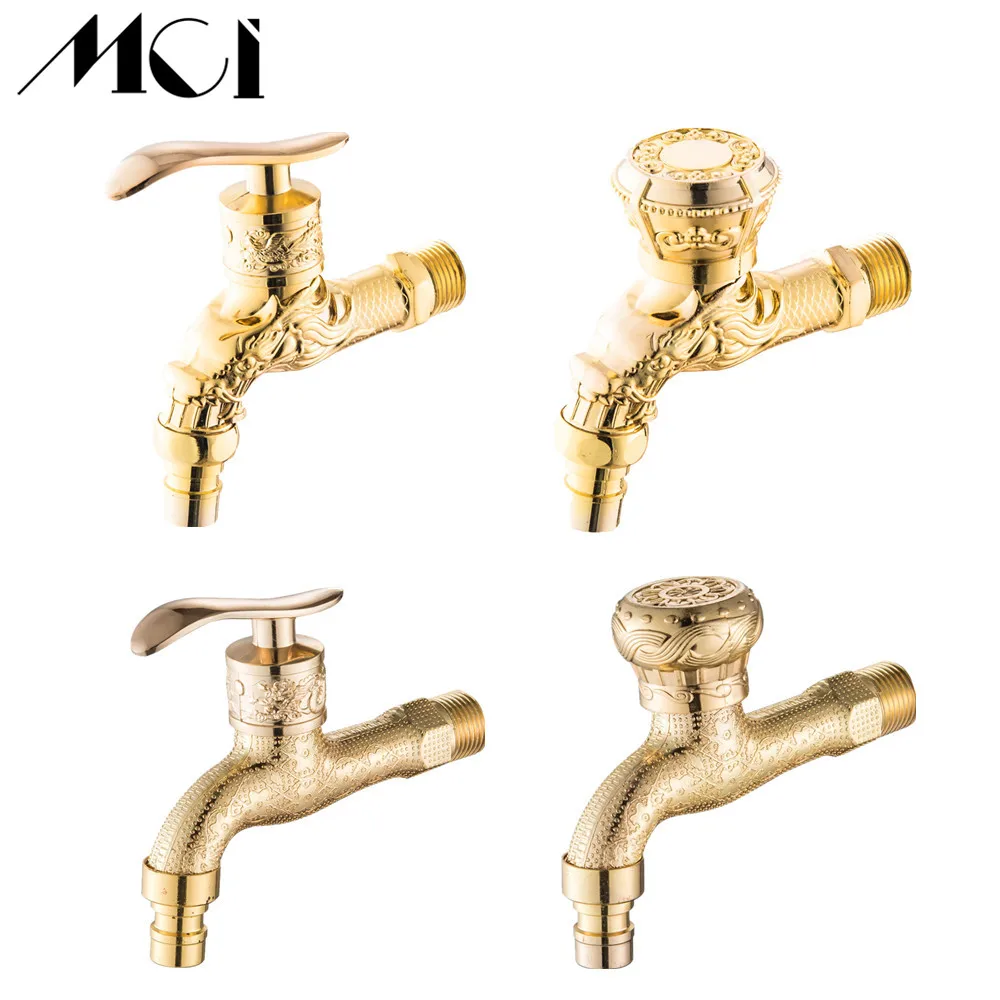 

Carved Wall Mount Zinc Golden Water Wall Small Taps Decorative Garden Faucet Long Washing Machine Water Tap Basin Bibcock MCI