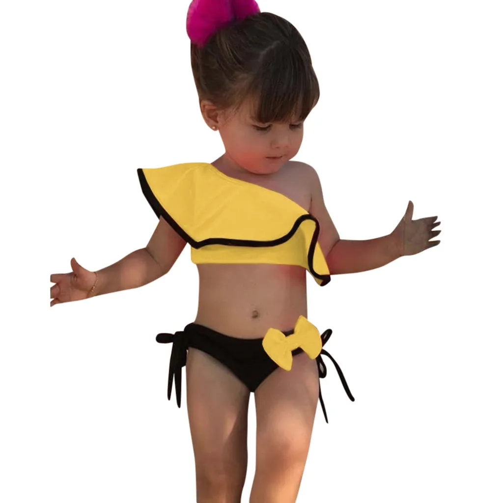 

Children Swimwear for Girls Polyester Two Pieces Swimsuit Bathing Suit Bikini Beach Summer Solid Ruffles Swimsuits sets K417