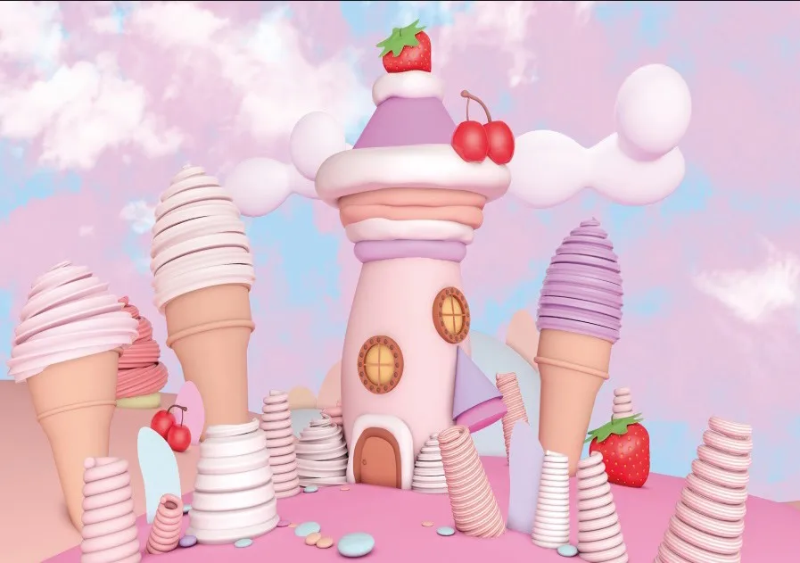 Laeacco дети фоны мечтательный мороженое дом десерт клубника облако Мультфильм фотографии фон для фотосессии для фотостудии
