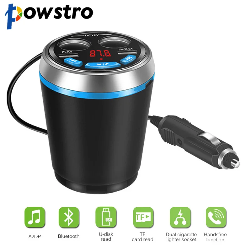 

Powstro Dual USB Charger Adapter Bluetooth Car Cup Holder Multifunction Kit FM Transmitter Cigarette Lighter Socket
