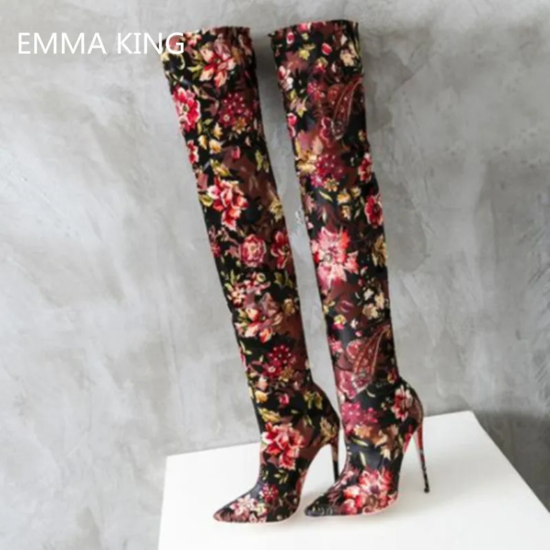 

Autumn Winter Print High Heels Thigh High Boots Women Pointed Toe Stretch Sexy Ladies Shoes Slip On Stilettos Boots Botas Mujer