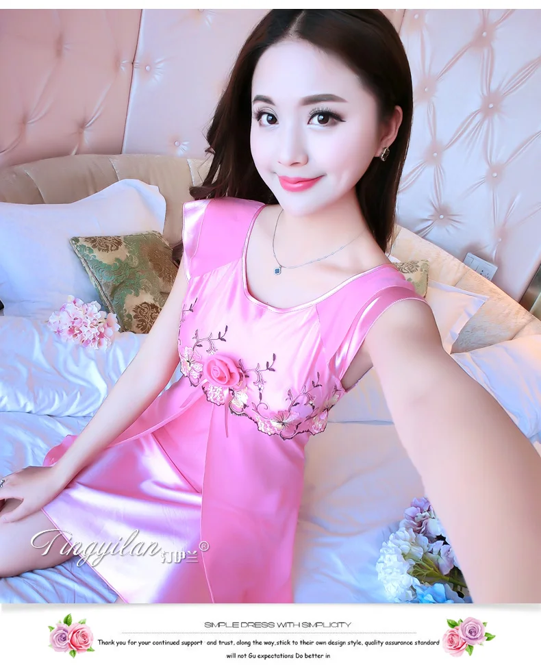 Женская летняя ночная рубашка для девочек; шелковое Ночное платье для женщин; Соблазнительная Домашняя одежда из искусственного шелка и
