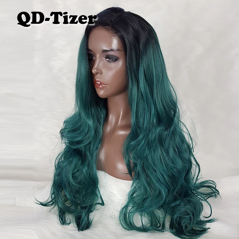 Длинные зеленые волосы Омбре Кружева передние парики Безглютеновые термостойкие волнистые синтетические парики для черных женщин