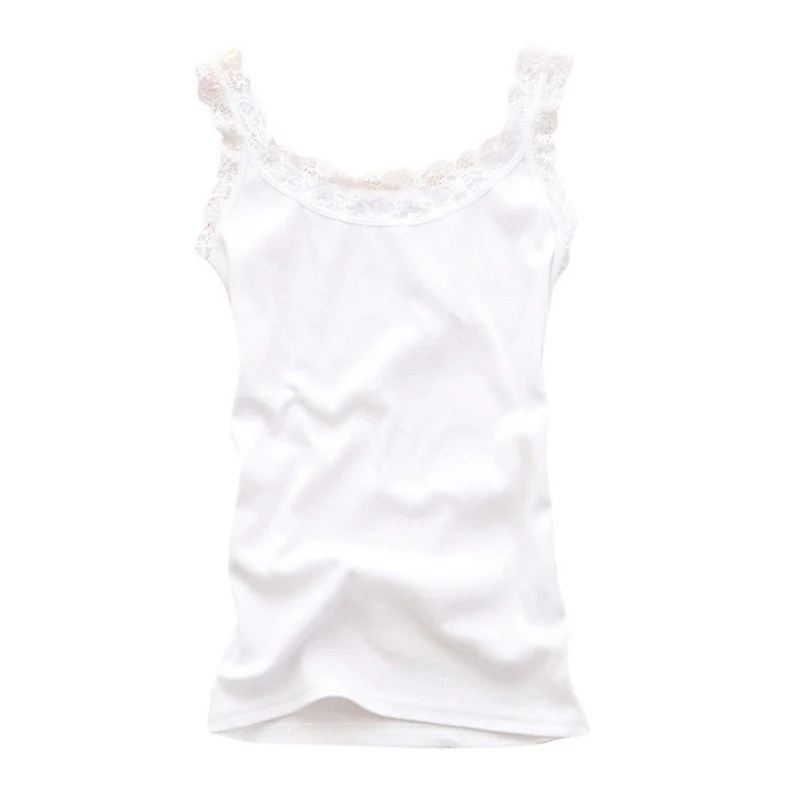 Летние модные женские сексуальные топы, разноцветные безрукавные облегающие темпераментные футболки, кружевные топики - Цвет: Белый