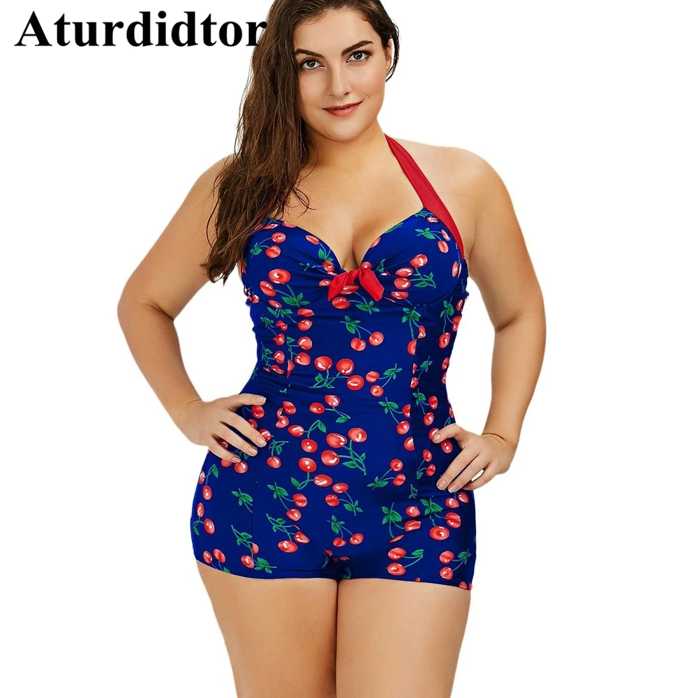 Buy Plus Size Halter Retro Cherry One Piece Swimsuit