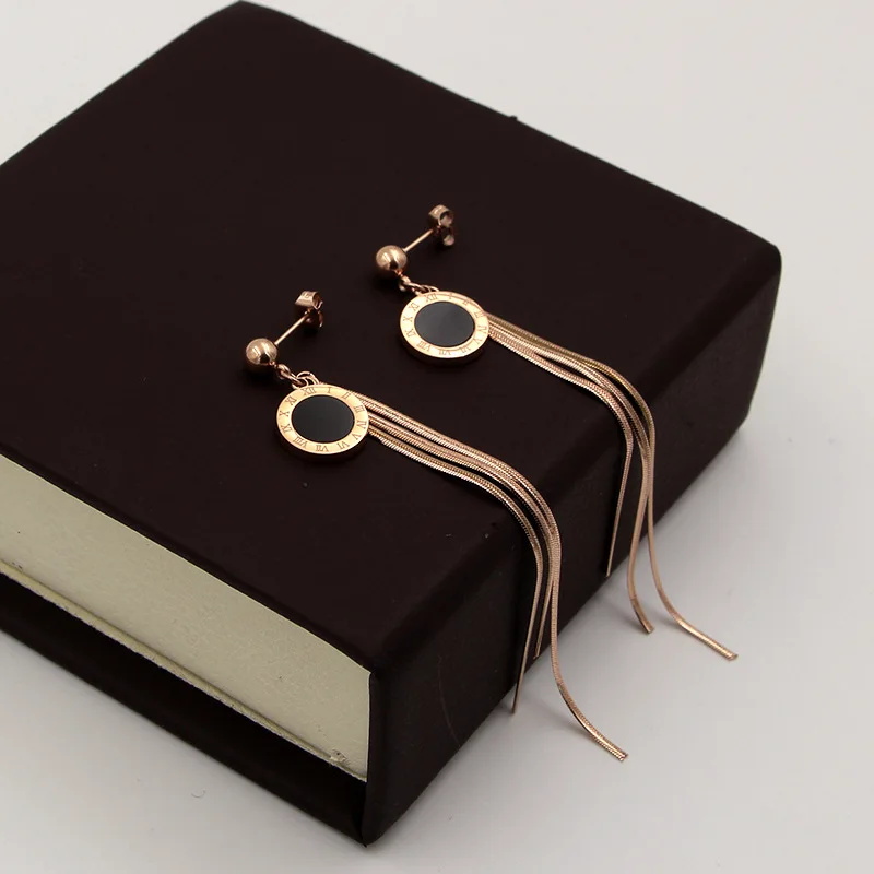 Fashion jewelry steel ball earrings hanging black Roman numeral round cake snake bone chain tassel rose gold women earrings gift