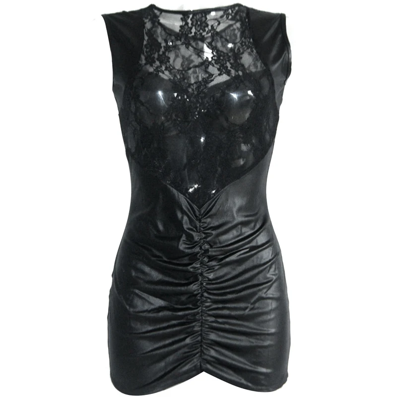Sexy Folded Wetlook Micro Mini Club Evening Party Dress 2018 Women Lace Leather Patchwork Bodycon Sleeveless Dresses Robe Femme (2)