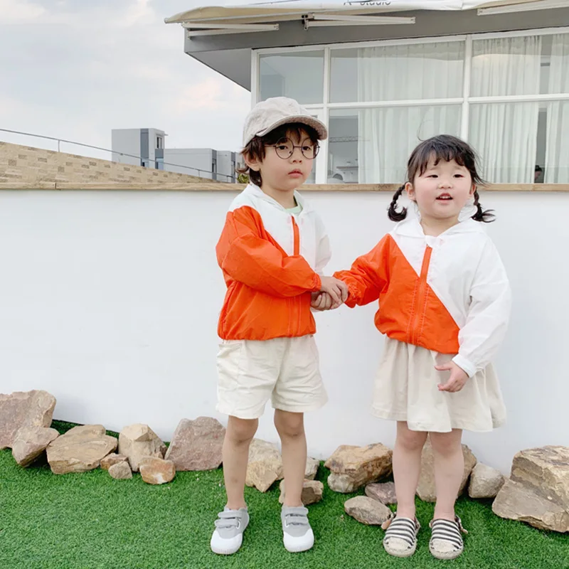 

Summer Korean style boys girls thin patchwork hooded jackets kids casual all-match sun-proof clothes coats