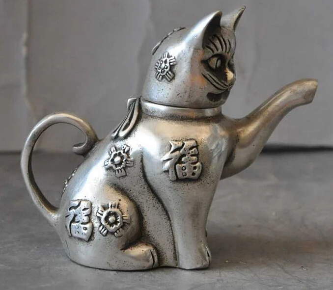 

Бронзовый декоративный Заводской магазин, тибетская Серебряная старинная китайская Серебряная богатая кошка, богатство, киска, статуя на удачу, винный чайник, Флагон