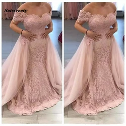 2021 Lace Appliques Mermaid Prom Dresses Off Shoulder Dubai Saudi Arabia Long Party Dress With Detachable Train