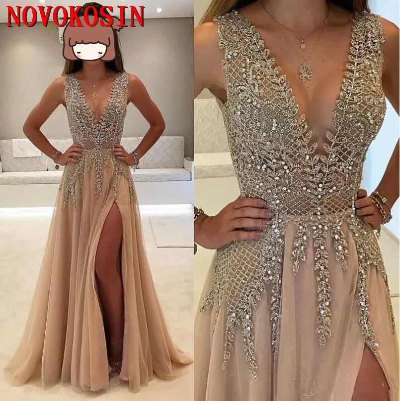 

2019 Vintage Deep V-Neck Crystal Beading Backless Formal Guest Dress Chiffon Elegant Front Split Full Length Party Prom Dress