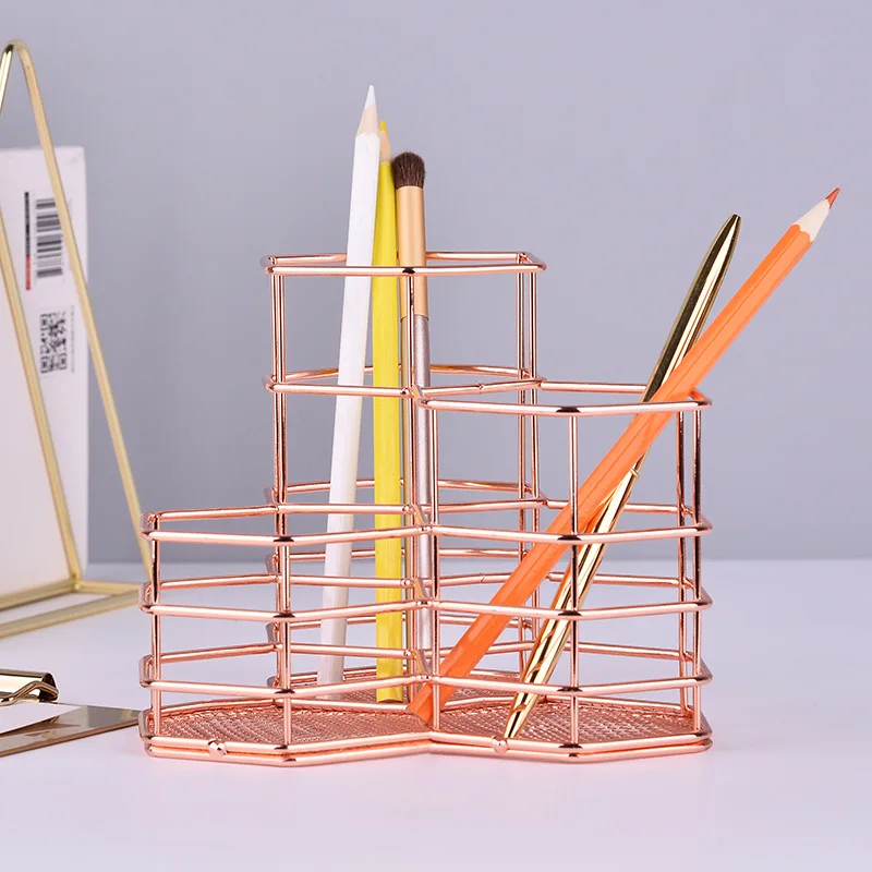 

Hexagon combination pen holder Golden wrought iron storage tube tabletop debris storage basket office accessories Pen Holders