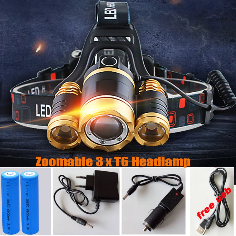 13000LM LED 3xT6ไฟหน้าไฟหน้าโคมไฟหัวแสงแสงไฟฉายไฟฉายตกปลาโคมไฟ+ 18650 +แบตเตอรี่รถUSB ACชาร์