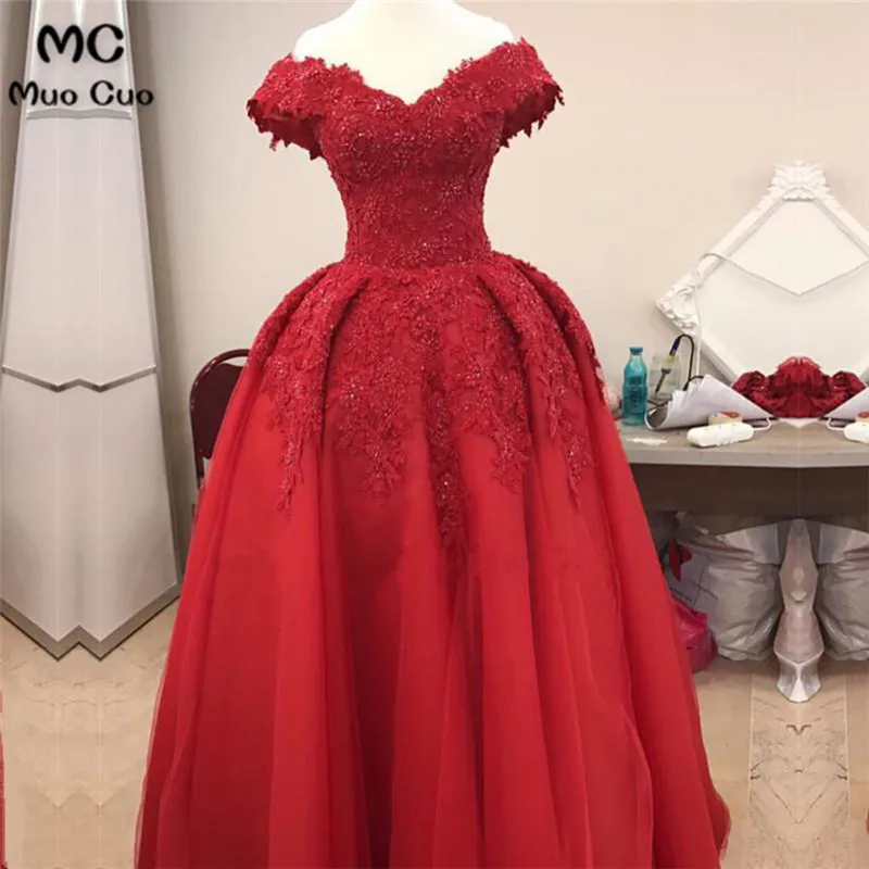 Burgundy Lace Off Shoulder Tulle Floor Length Evening Gowns 20172