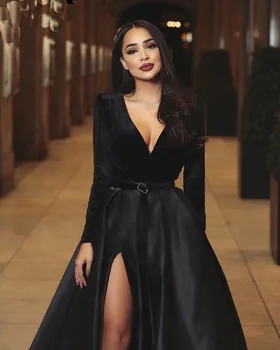 

Robe De Soiree Black Long Evening Dress A-Line V-Neck Long Sleeves Court Train Evening Dresses 2019 Formal Party Prom Gowns