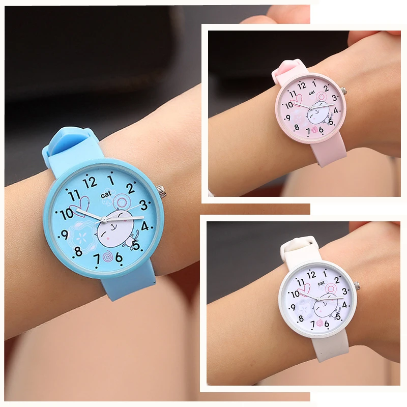 Silicone Candy Color Baby Watch Girls Student Clock Fashion Children Dress Quartz Wristwatches Cute Cat Pattern Boy Kids Watches afbeelding