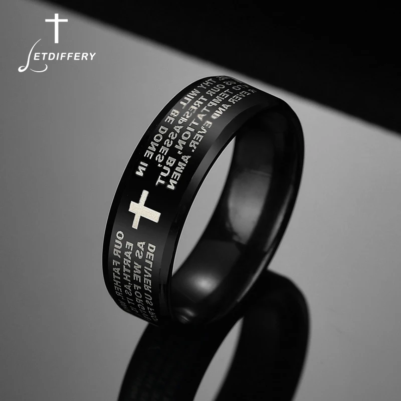 Letdiffery Stainless Steel Black Color Jesus Cross Ring Letter Bible Prayer Finger Rings For Men 8mm Amulet Jewelry|Rings|   - AliExpress