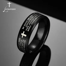 Letdiffery aço inoxidável cor preta jesus cruz anel carta bíblia oração dedo anéis para homens 8mm amuleto jóias