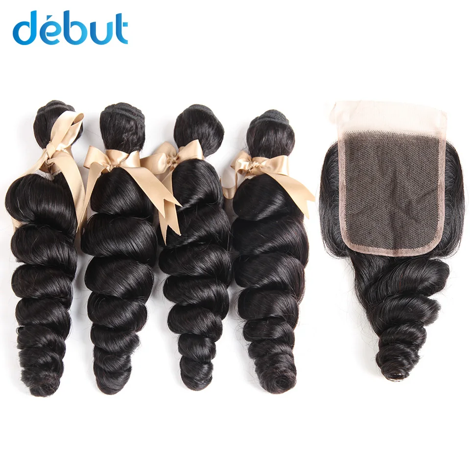 

Debut Peruvian Hair 4 Bundles Loose Curl Natural Color 10-26 Inch Cuticle Aligned Hair Bundles With 4x4 Lace Free Part Closure
