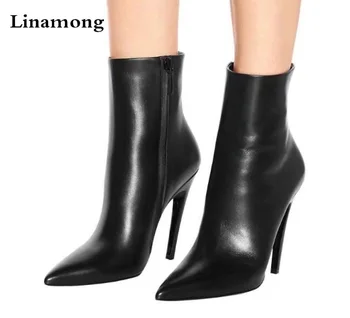 

Hot New Brand Women Black Red White Zip Back Pointed Toe Thin Heels Leather Short Boots Elegant Cheap High Quality Booties Lady