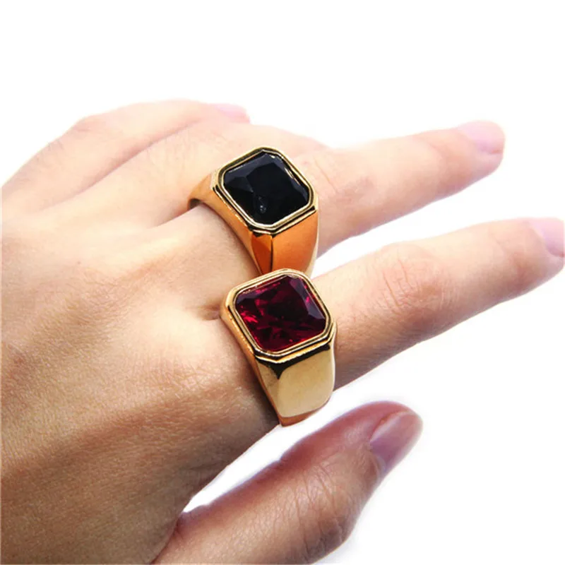 Size 7-14 Newest Golden Plated Rhinestone Ring 316L Stainless Steel Jewelry Unisex Red Black Stone | Украшения и аксессуары