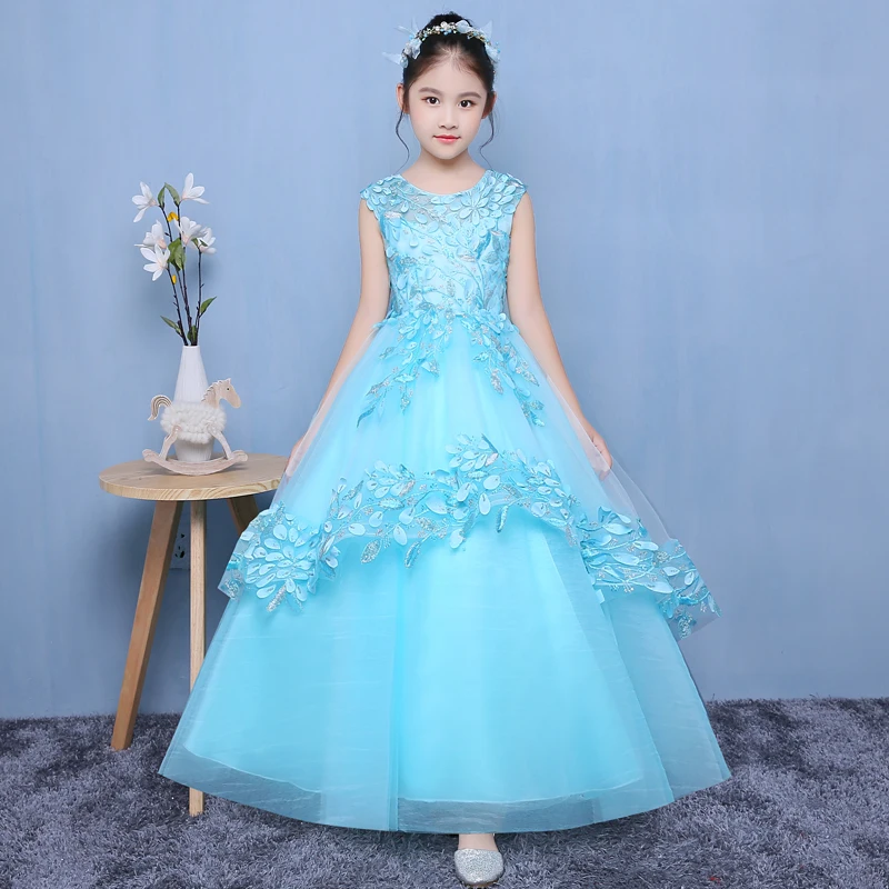 

Appliques Flower Girl Dresses Ball Gown Girls Formal Dress Floor Length Kids Pageant Dress for Prom Party Birthday Costume B43