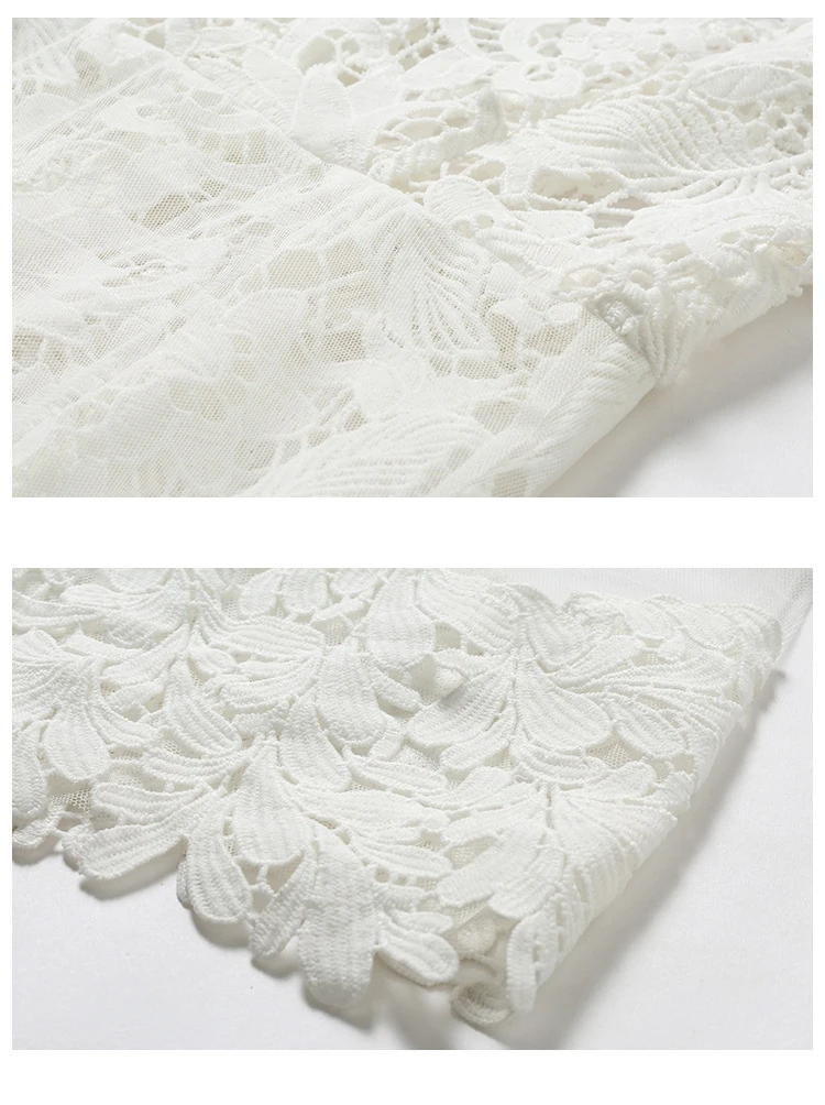 White Lace Stitching Mesh Gauze O-Neck Short Sleeve Mid-Calf Dress in Dresses