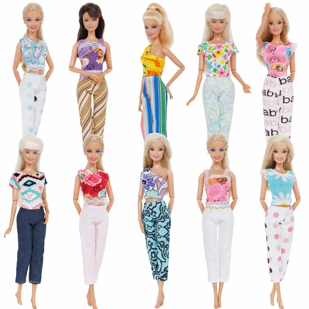 

5 Pcs / Lot Handmade Outfit Daily Casual Wear Blouse Tops Mixed Style Trousers Clothes For Barbie Doll Accessories Toy Kids Gift