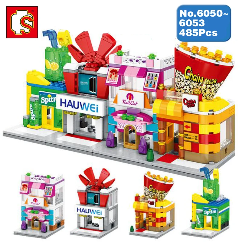 

4Pcs Sembo City Street Popcorn Mobile Phone Manicure Shop Store 3D Model Blocks Bricks Assembly Building Toy Fit Legoings Gift