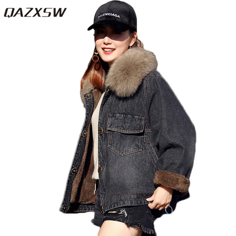 QAZXSW Spring Autumn Women Denim Jacket Plus Size Thick Jeans Coat Fur Collar Bomber Harajuku Casaco Feminino HB546 | Женская одежда
