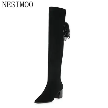 

NESIMOO 2019 Women Shoes Over The Knee Boots High Heel Flock Pointed Toe Zipper Black Ladies Motorcycle Shoes Size 34-43