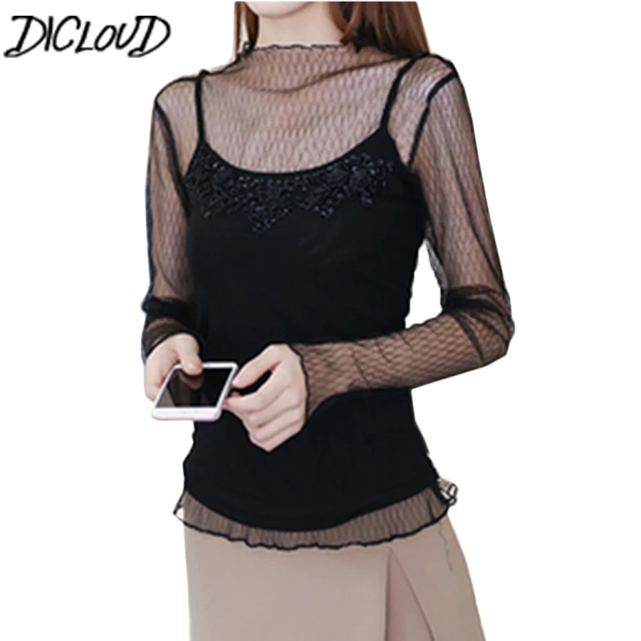 

DICLOUD Hollow Long-Sleeved Black Blouse Women Harajuku Elasticity Summer Top Female 2018 Loose Casual Street Shirt Clothes HOT
