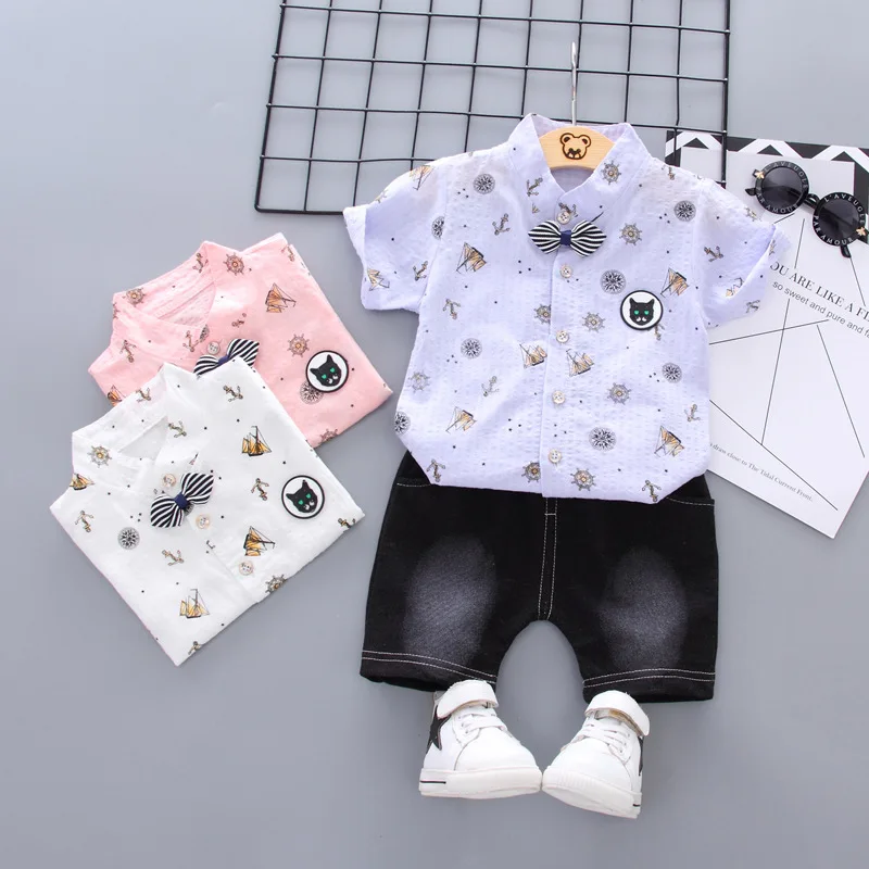 

Summer Children Baby Boy Clothes Gentleman Cartoon Print T-shirt Bow Tie Shorts 2 Pcs/set Toddler Cotton Clothing Kid Tracksuits