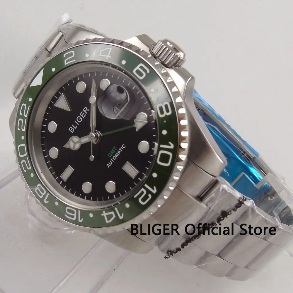 

Solid BLIGER 40MM Black Dial Green Ceramic Bezel GMT Function Automatic Movement Men's Watch Sapphire Crystal Luminous Marks B18