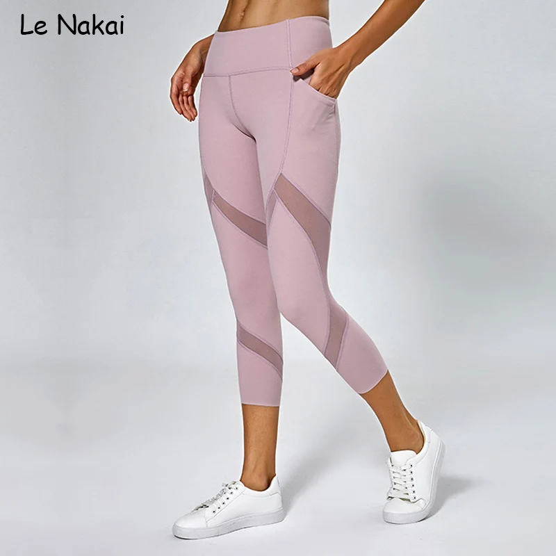 

Mesh yoga capris high waist skinny yoga pants side pocket gym leggings fitness women sport legging workout althletic legging