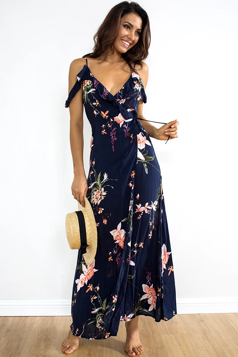 BONGOR LUSS Vintage Floral Print Women Long Bohemian Dress Wrap Casual Ruffle Frill V-Neck Short Sleeve Summer Beach Maxi Dress (18)
