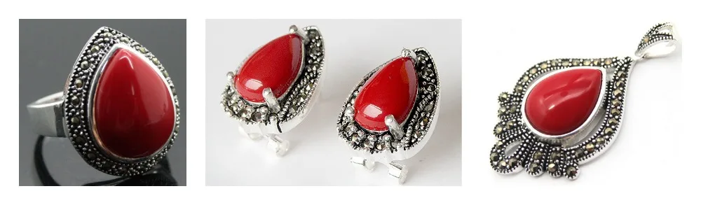 Женский дизайн красный резные, покрытые лаком марказит 925 пробы Серебряное сердце кольцо (#7-10) серьги и Pandent ювелирные наборы Женский дизайн красный резные, покрытые лаком марказит 925 пробы Серебряное сердце кольцо (#7-10) серьги и Pandent ювелирные наборы