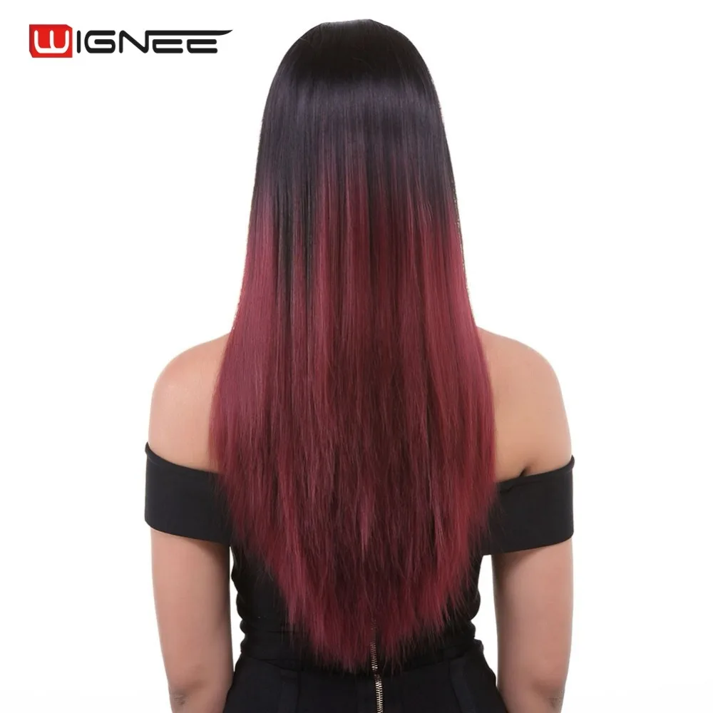 

Wignee Long Straight Hair Wig Middle Part Cosplay Hair Wigs Ombre Natural Black To BUG/Ash Blonde/Blue Synthetic Wigs For Women