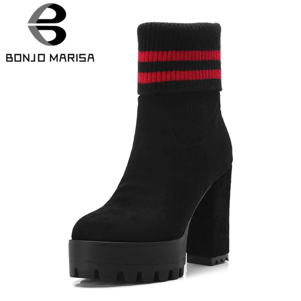

BONJOMARISA Large Size 32-42 Winter Warm Fur Platform Sock Boots Women 2019 Super High Wide Heels Shoes Woman slip-on