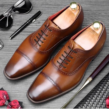 

Vintage Man Formal Dress Party Shoes Genuine Leather Wedding Carved Brogue Oxfords Basic Men's Pointed Toe Goodyear Flats SS407